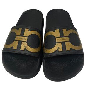 Salvatore Ferragamo Logo Slides Size 6 Designer Sandals Black Gold